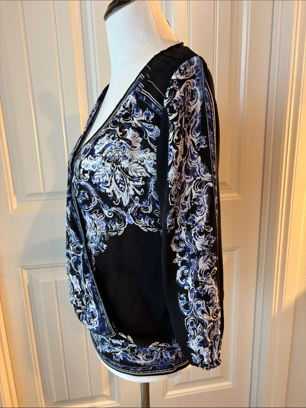 White House Black Market Black Wrap Blouse with Blue and White Scroll Print - Picture 2 of 7
